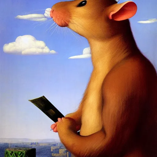 Prompt: Colossal Rat by Raphael, Hopper, and Rene Magritte. detailed, romantic, enchanting, trending on artstation.