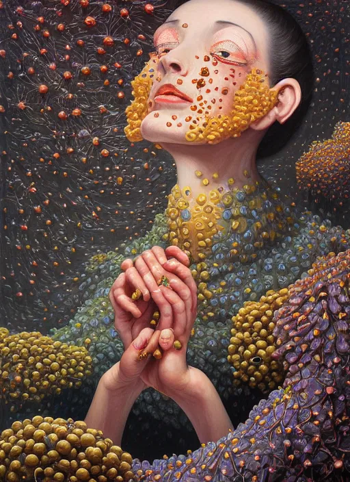 Image similar to hyper detailed Oil painting - Ada Lovelace Eats of the Strangling Fruit and her gossamer polyp blossoms bring iridescent fungal flowers whose spores black the foolish stars by Jacek Yerka, Mariusz Lewandowski, Abstract brush strokes, Masterpiece, Edward Hopper and James Gilleard, Zdzislaw Beksinski, Mark Ryden, Wolfgang Lettl, hints of Yayoi Kasuma