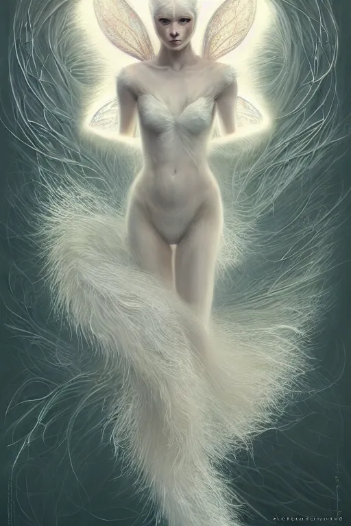 Image similar to complete and delicate portrait of a white nine - tailed fox, beautiful, agile, fairy, myth, legend, detailed, trending on artstatioin, light effects, kilian eng, john harris, bastien lecouffe - deharme