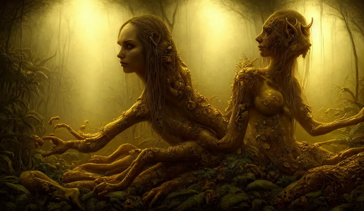 Image similar to epic professional digital art hungry eyes, gold ambient light, painted, mysterious, eerie, mythic, detailed, intricate, grand, leesha hannigan, wayne haag, reyna rochin, ignacio fernandez rios, mark ryden, van herpen, artstation, cgsociety, epic, stunning, gorgeous, much wow, closeup cinematic jungle scene