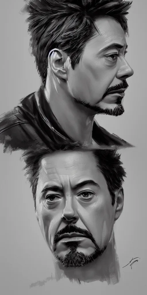 Image similar to concept art of tony stark, head and shoulders shot, cinematic shot, oil painting by jama jurabaev, extremely detailed, brush hard, artstation, high quality, brush stroke