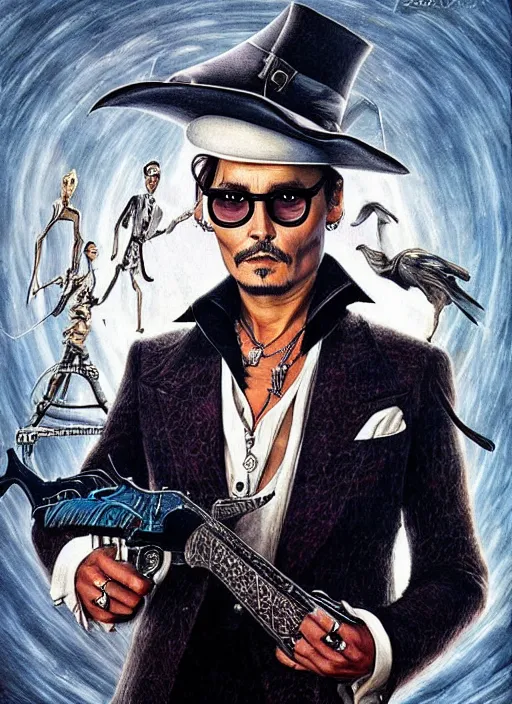 Image similar to johnny depp play james bond film by james jean, karol bak, manuel sanjulian