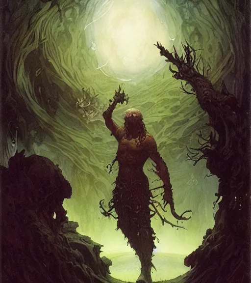 Image similar to a druid at the beginning of the world by alan lee and peter mohrbacher and frank frazetta and mike mignola