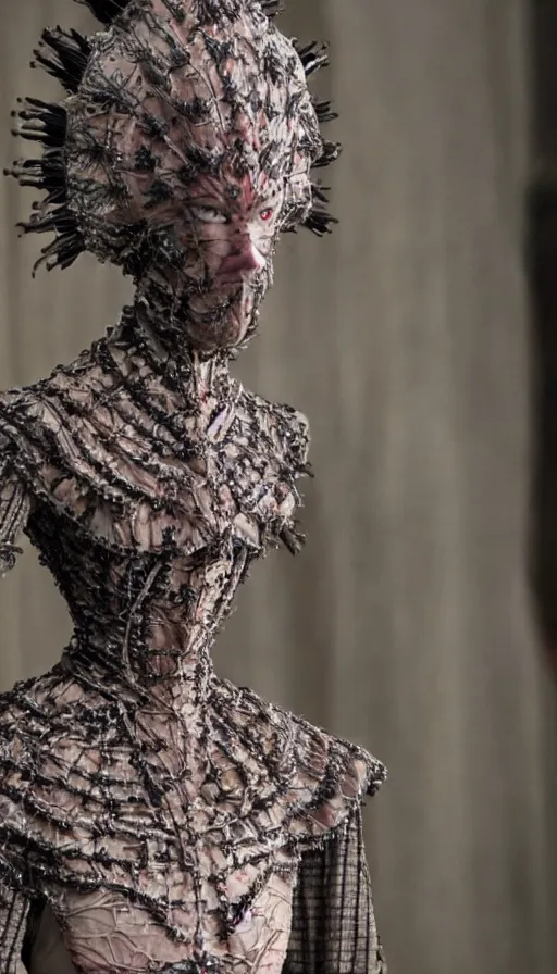 Image similar to dressed anya taylor - joy as pinhead, symmetrical, cinematic, elegant, dark, real photography, costume made by clive barker, 4 k, ultra hd, sense of awe