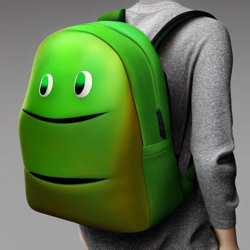 Image similar to A hyperrealistic green backpack with a face smiling, studio lighting, photoshoot, 8k, trending on artstation