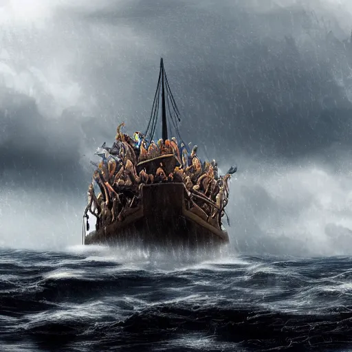 Image similar to the ark of noah in the middle of the storm. photorealistic. high details.
