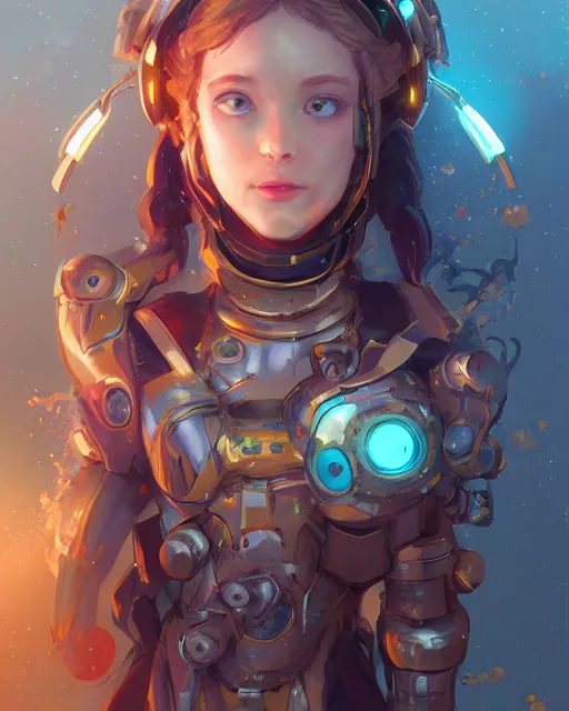 Prompt: holy cyborg girl with golden armor, cute, scifi, jetpack, alien world, futuristic, utopia, garden, colorful, cheerful, illustration, atmosphere, top lighting, blue eyes, focused, artstation, highly detailed, art by yuhong ding and chengwei pan and serafleur and ina wong