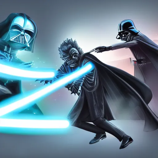 Prompt: beautiful digital painting of rick sanchez fighting darth vader. trending on artstation