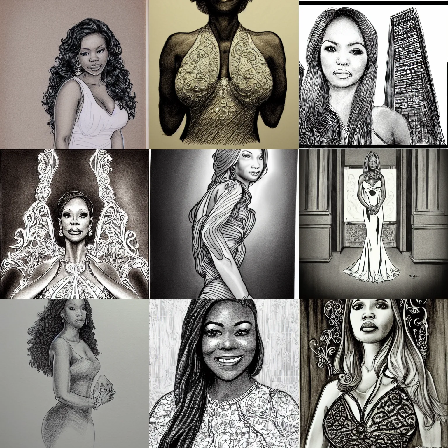 Prompt: elegant, intricate detail, looking towards camera, tiffany dover of chi mormorial hospital, full body profile, dynamic wide angle lens, by rey bustos pencil and ink, dramatic lighting,