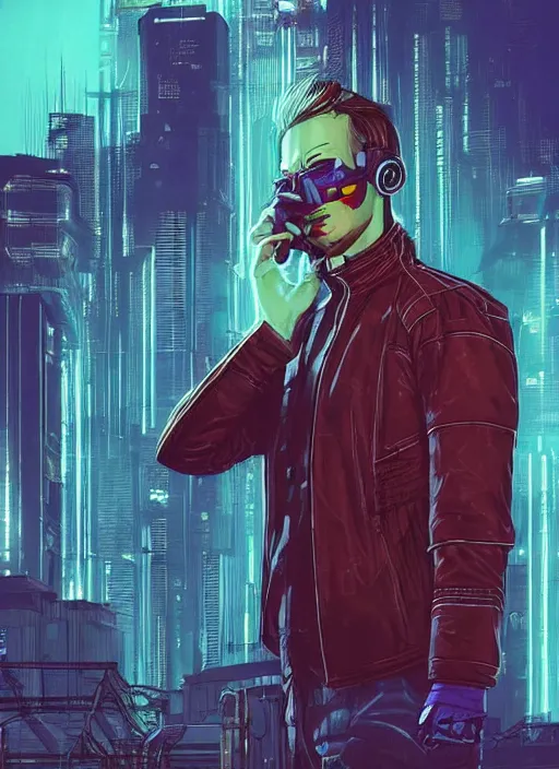 Image similar to scheming Anders. handsome cyberpunk nightclub owner wearing a cyberpunk headset and red jacket. handsome face. Realistic Proportions. Concept art by James Gurney and Laurie Greasley. Moody Industrial skyline. ArtstationHQ. Creative character design for cyberpunk 2077.