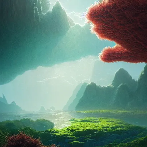 Prompt: A beautiful hyper realistic detailled matte painting of a microscoptic world of algae and microflora with ridges similar to mountains with billions of glowing micro trees emmiting a read and teal color by John Howe and Albert Bierstadt and Alena Aenami and dan mumford and dave noton, unreal engine, trending on behance