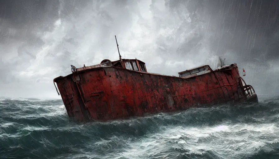 Image similar to abandoned rusted cargo boat in the sea, thunderstorm, rain, lightning, waves, hyperdetailed, artstation, cgsociety, 8 k