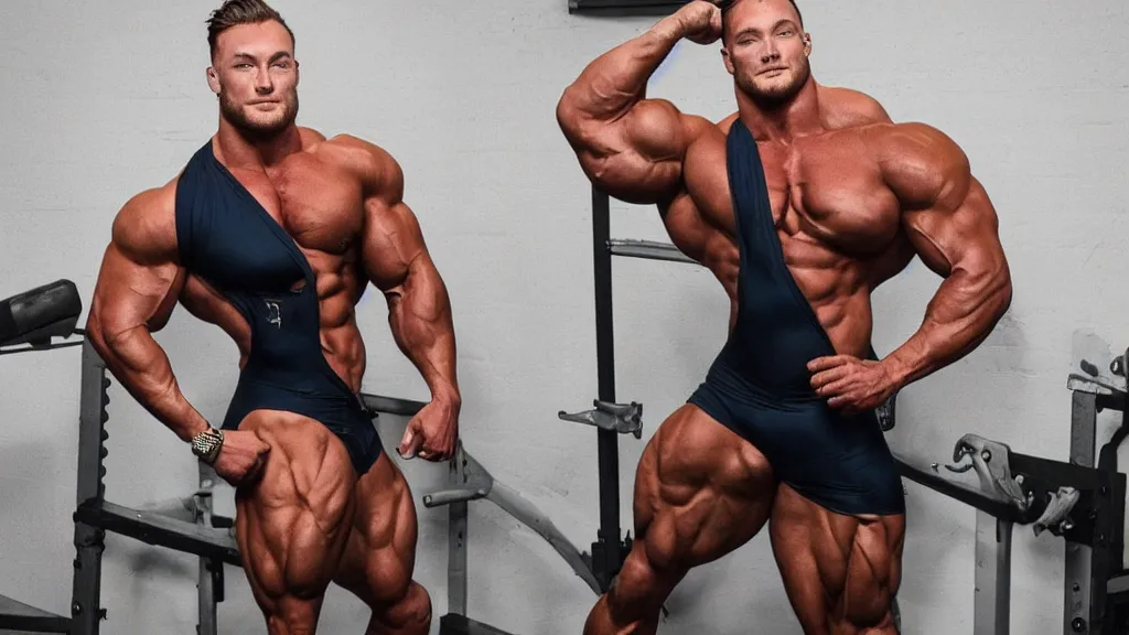 Image similar to chris bumstead wearing a swimsuit and flexing in a queer position photographed by rupaul