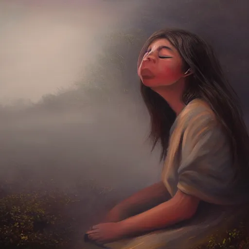 Prompt: a painting of a a huge crying girl sitting on a village, her tears flood the village, mysterious fog, 4k,