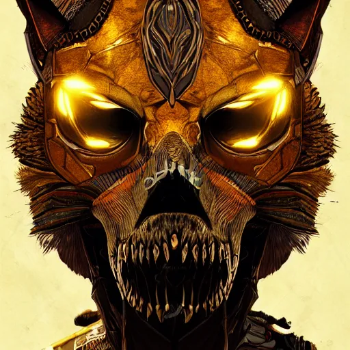 Prompt: a golden jackal skull face african warrior, Apex Legends character digital illustration portrait design, by android jones, detailed, cinematic lighting, wide angle action dynamic portrait
