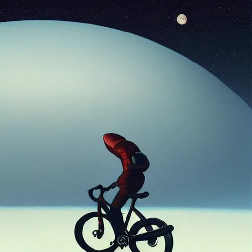 Prompt: a food delivery cyclist cycling around the rings of saturn, sci fi, artstation, greg rutkowski, vladimir kush, laurie greasley