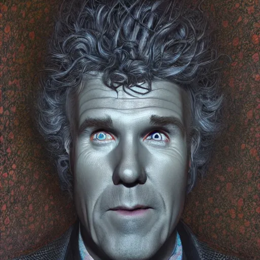 Image similar to Photorealistic will ferrel as the devil in the style of Michael Whelan and Gustave Dore. Hyperdetailed photorealism, 108 megapixels, amazing depth, glowing rich colors, powerful imagery, psychedelic Overtones, 3D finalrender, 3d shading, cinematic lighting, artstation concept art