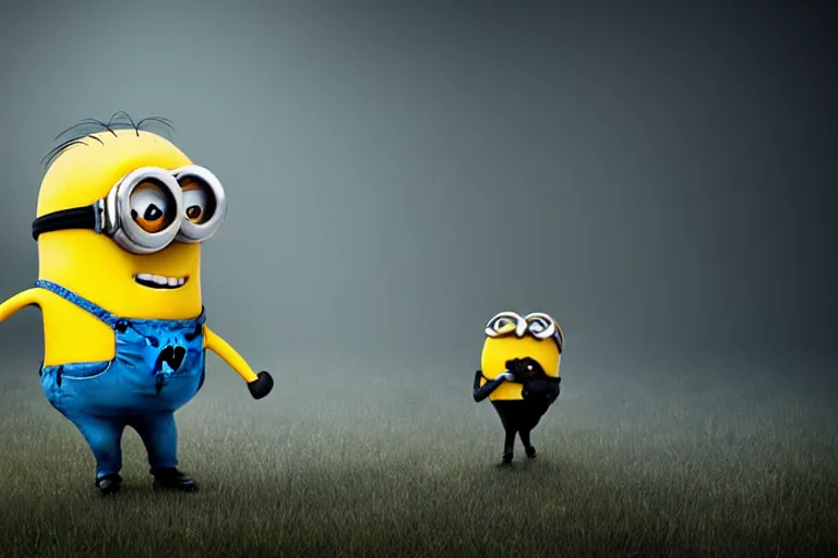 Prompt: a guy grabbing a dead body of a minion, fog, mid night, scary, horror, real life