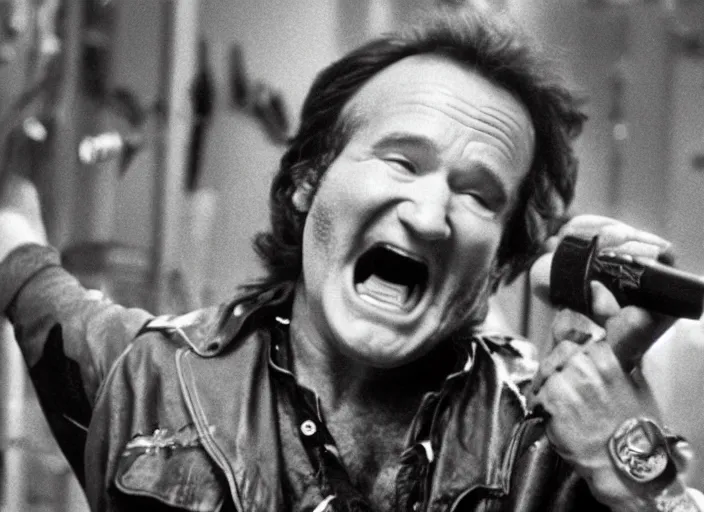 Image similar to promotional image of robin williams as a heavy metal singer in a movie from 1978, rugged black clothes, detailed face, movie still frame, promotional image, imax 70 mm footage