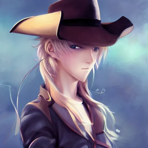 Image similar to blonde anime girl wearing a cowboy hat, anime style, fantasy art, by makoto shinkai, by wenjun lin, digital drawing