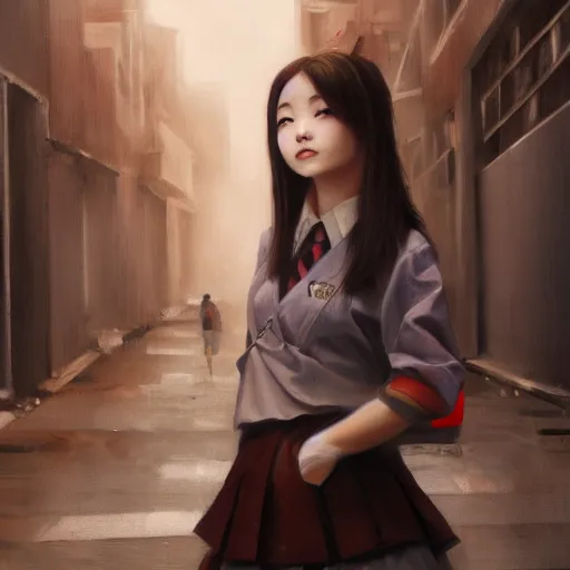 Image similar to a perfect, realistic professional oil painting of a Japanese schoolgirl posing in a dystopian alleyway, close-up, by a professional American senior artist on ArtStation, a high-quality hollywood-style concept