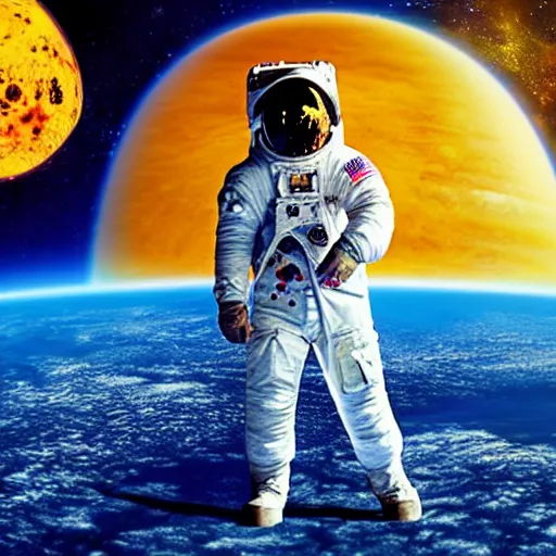 Image similar to astronaut in space, galactic background reflections on suit on one side and a yellow planet on the other side