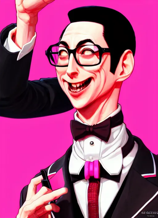 Image similar to pee wee herman, wide angle view, red and pink color scheme, highly detailed, artgerm, cushart krenz, king of fighters style, trending on artstation, soft light, sharp focus, illustration, character design, concept art