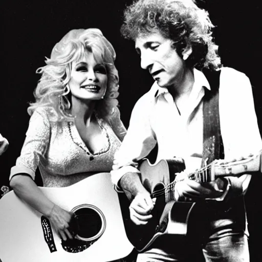 Image similar to Photo of Dolly Parton jamming with Bob Dylan
