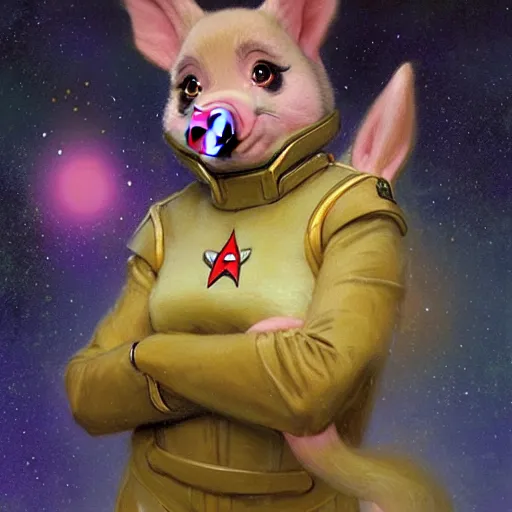 Image similar to a female pig canine in starfleet uniform at night in a dark forest. zootopia fursona furaffinity furry art detailed face painting by gaston bussiere craig mullins jc leyendecker gustav klimt artgerm greg rutkowski furry