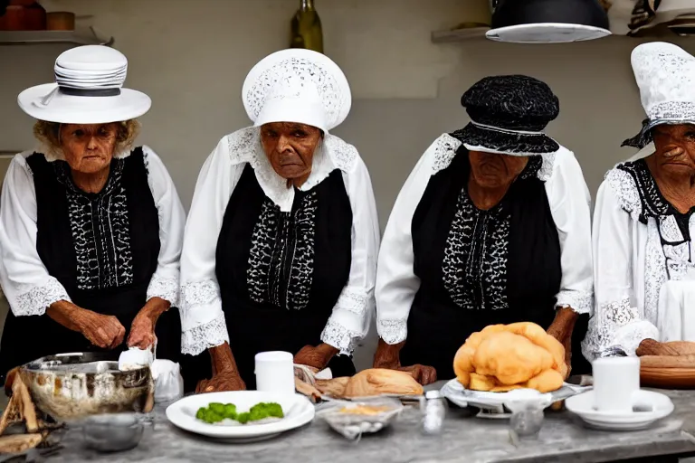 Image similar to close up of three old women from brittany with hats in white lace and black folk costumes in a kitchen. they look visibly angry