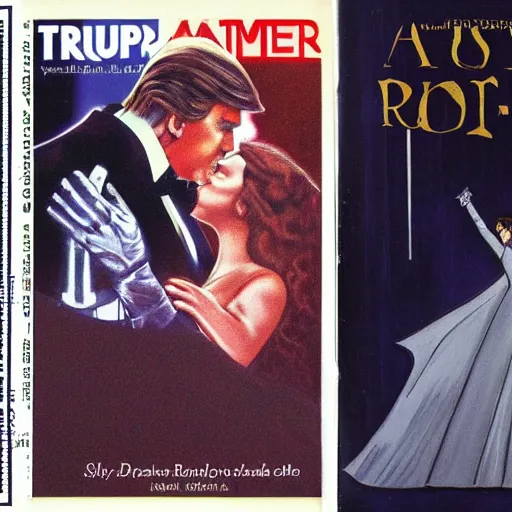 Image similar to a romance novel cover from 1 9 8 3, paperback, drawing, trump and darth vader on the cover, romantic