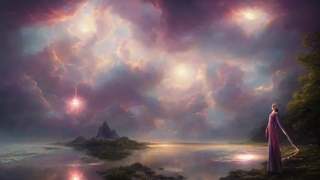 Prompt: a ultradetailed beautiful matte painting of the keeper of the prism of emotion radiating with dreamy colours, magical reflection opening in the sky, splash of colours, crystalline formation, oil painting, high resolution 4 k, by tom bagshaw, greg rutkowski, and artgeem