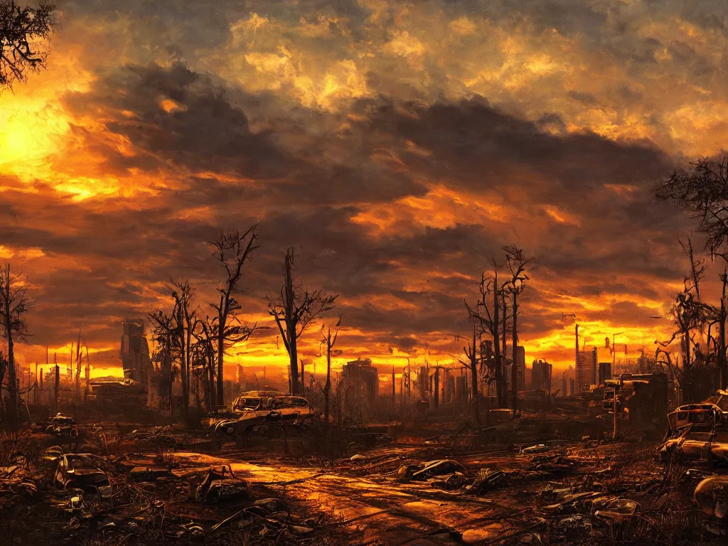 Image similar to a post apocalyptic atlanta landscape after a nuclear war, beautiful radioactive sunset lighting, beautiful painting, fallout 4, painted by albert bierstadt