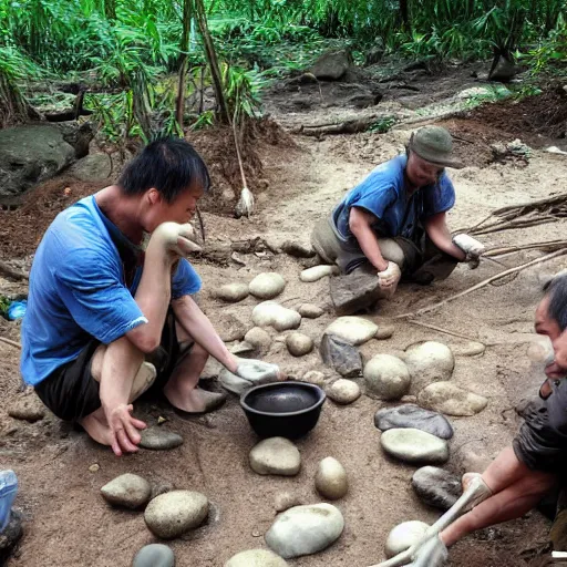 Prompt: homoerectus make pebble tools at the river bank in the rain forest of china