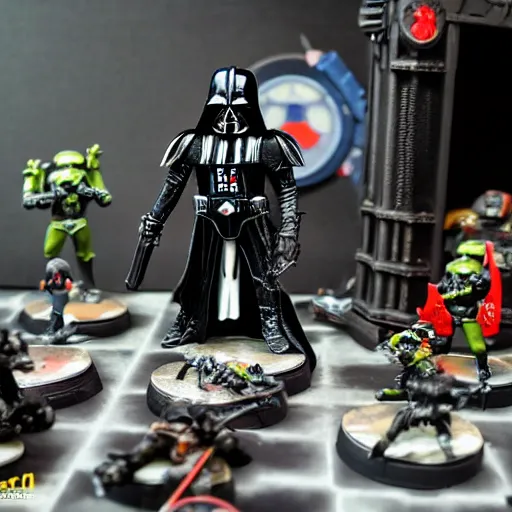 Image similar to Darth Vader collects miniature battles of Warhammer 40,000 space marine figurines on his desktop at a table with a bright lamp, realism, depth of field, focus on Darth Vader,