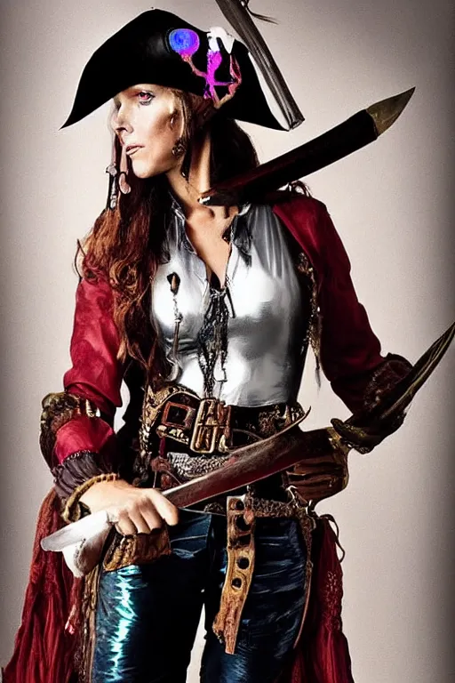 Image similar to a swashbuckling woman pirate portrait in national geographic, her clothing is sheer and futuristic, painted with iridescent bodypaint