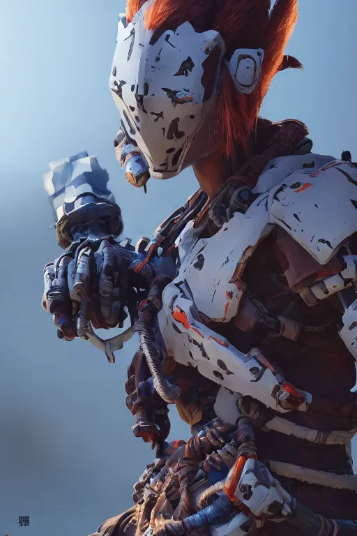 Image similar to combination suit armor aloy horizon forbidden west horizon zero dawn robot ninja mask helmet backpack tribal, aesthetic octane render, 8 k hd resolution, by ilya kuvshinov and cushart krentz and gilleard james radiating a glowing aura cgi rtx 2 0 2 2