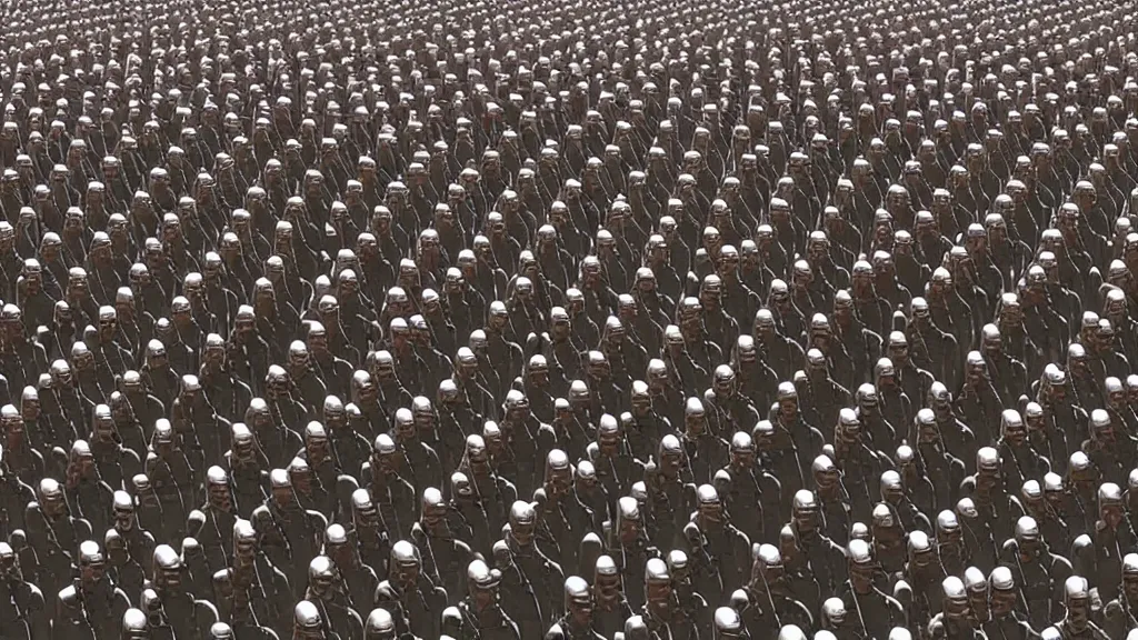 Prompt: Obama clones marching for war dress like the army from 300; render by Beeple, 4K