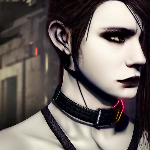 Image similar to detailed realistic female character cyberpunk wearing thick steel collar around neck, realistic, art, beautiful, 4K, collar, choker, collar around neck, punk, artstation, detailed, female, woman, choker, cyberpunk, neon, punk, collar, choker, collar around neck, thick collar, choker around neck, wearing choker, wearing collar,