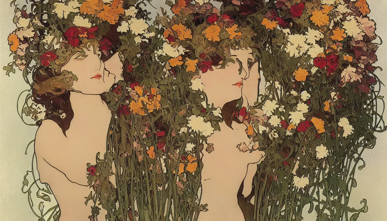 Image similar to beautiful woman with a head made from a bouquet of flowers by alphonse mucha