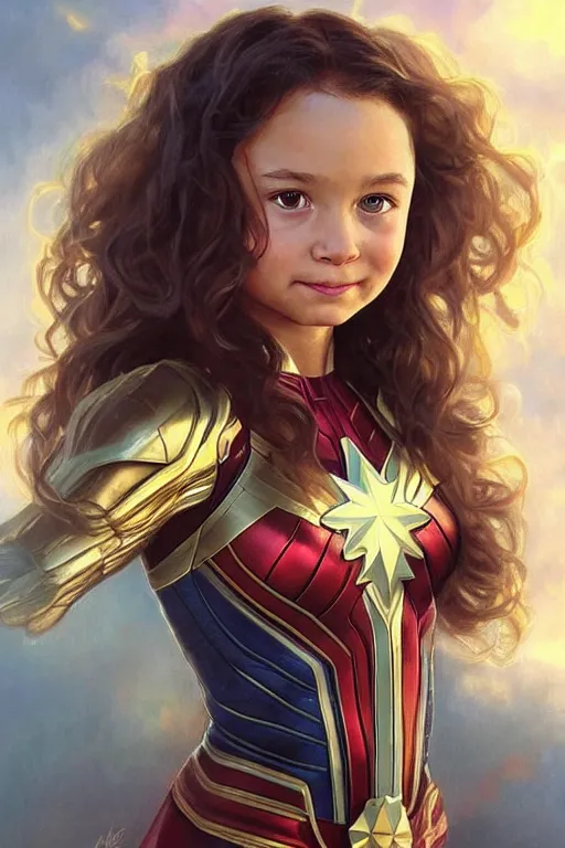 Image similar to a little girl with a michievous face and light brown curly wavy hair. she is dressed as captain marvel, wonder woman, captain america, a superhero. clean elegant painting, beautiful detailed face. by artgerm and greg rutkowski and alphonse mucha