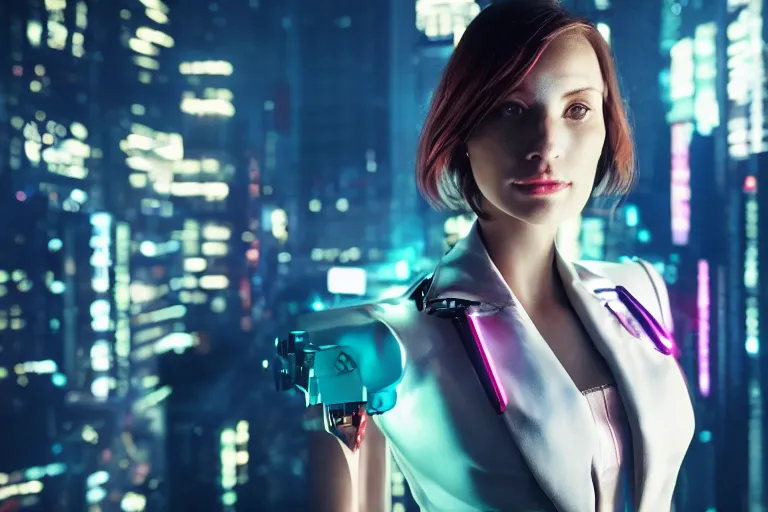 Image similar to cinematography closeup portrait of a gorgeous cyborg business woman in a cyberpunk apartment, neon lighting, night, by Emmanuel Lubezki