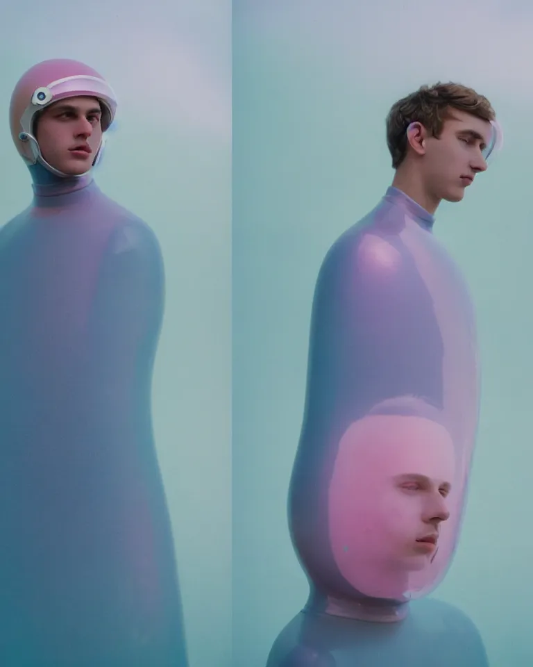 Image similar to high quality pastel coloured film portrait photograph of a beautiful young 2 0 year old male, soft facial features, short hair, wearing perspex space helmet and oversized inflated clothing!! icelandic black rock pool environment. atmospheric three point light. photographic. art directed. ( pastel colours ). volumetric. clearcoat. waves. 8 k. filmic.