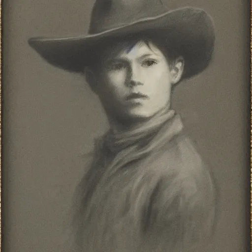 Image similar to portrait of a young action hero cowboy monster hunter, by alfred stevens in charcoal