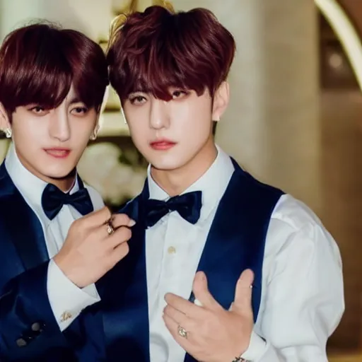 Image similar to jungkook and taehyung of bts getting married in las vegas, 8 k, ultra realistic, closeup