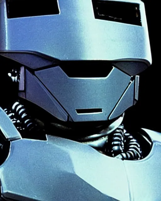 Image similar to film still close - up shot of dwayne johnson as robocop from the movie robocop. photographic, photography