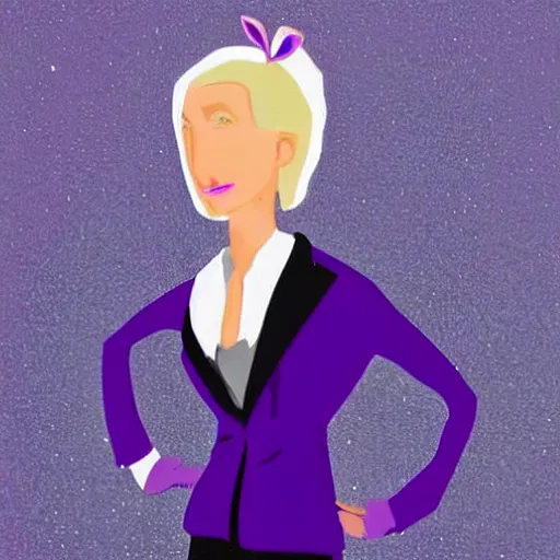 Prompt: a tall skinny blonde bunny woman with her hair in a bun and purple eyes, wearing a dark purple suit, cartoony