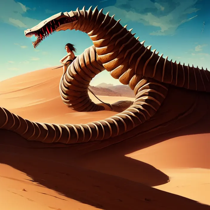 Image similar to style artgerm, joshua middleton, hubert robert, a giant sandworm creature in the desert, long sharp teeth, sand swirling, detailed, desert background setting, volumetric lighting