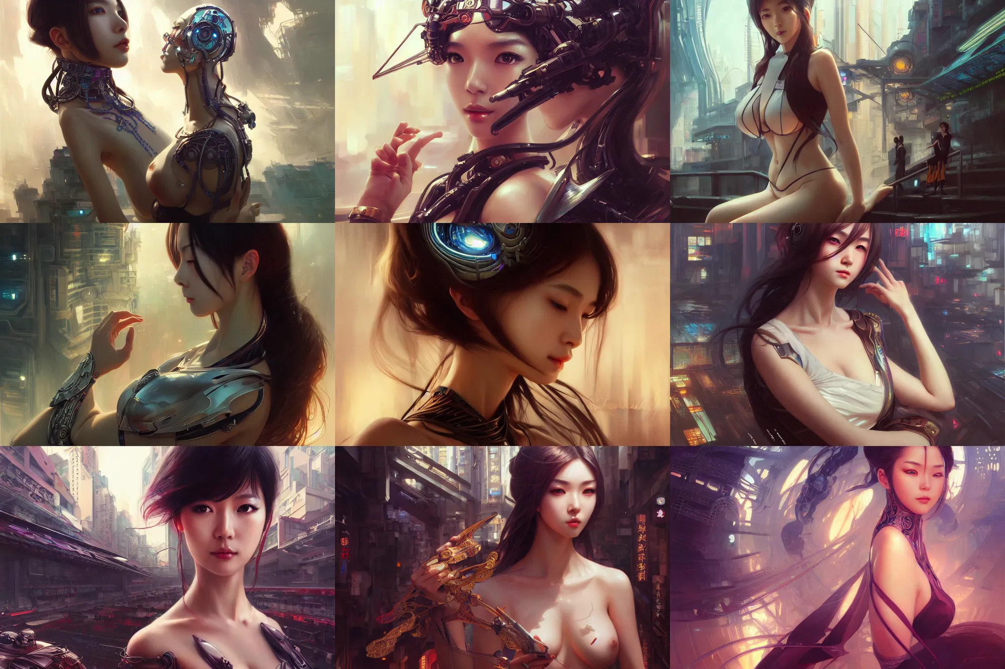 Prompt: ultra realistic beautiful futuristic kowloon techno art, beautiful alluring anime woman, gorgeous face and figure, sci - fi, fantasy, intricate, elegant, highly detailed, digital painting, artstation, concept art, smooth, sharp focus, illustration, art by artgerm and wlop and tian zi and alphonse mucha and greg rutkowski