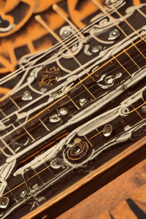 Prompt: up close steampunk fretboard